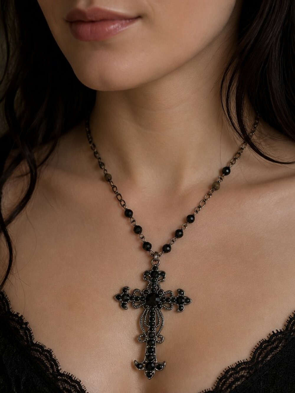 Ornate Black Crystal Cross Necklace